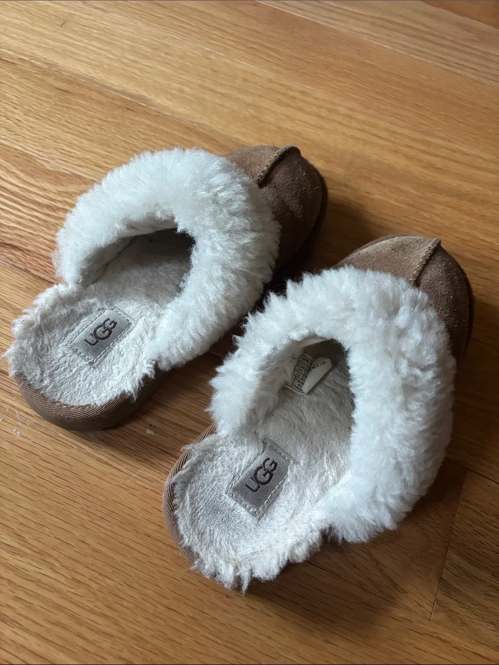 UGG Kids Brown Suede Slippers with Cream Shearling Cuff